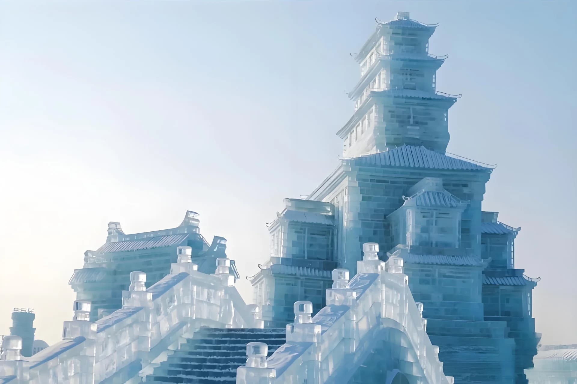 Colorful LED lights on ice sculptures at night